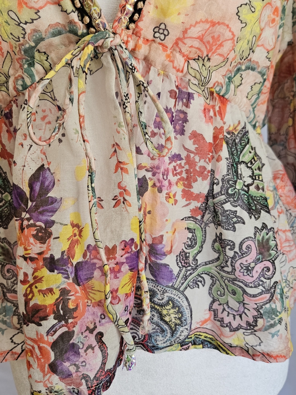 Natural Life Boho Floral Paisley Peplum Blouse S Cotton V-Neck Sequin Trim Bell - Picture 9 of 15
